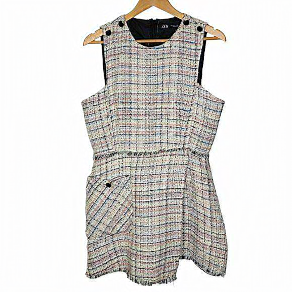 Zara‎ Large L Knit Cream / Pink Sleeveless Wrap Style Boxy Fringe Romper Women's